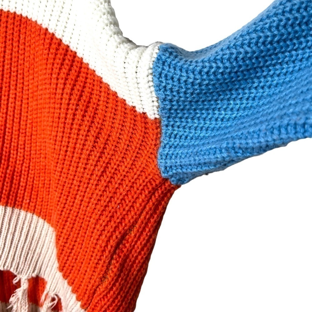 Shein V-Neck Colorblock Blue Orange Drop Shoulder Fringe Hem Sweater Size Medium - Picture 9 of 16